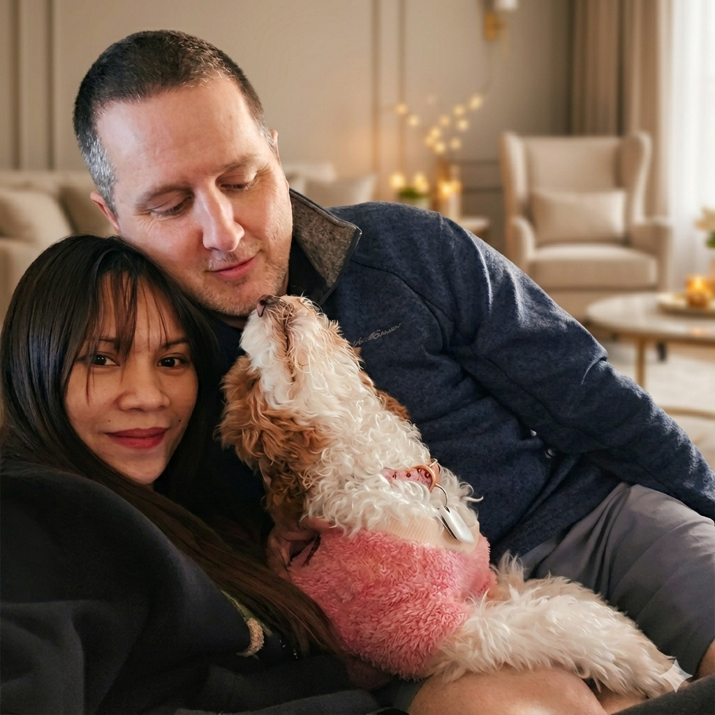 Mrs. Sparkle Cleaning Co. owners relaxing at home with Luna